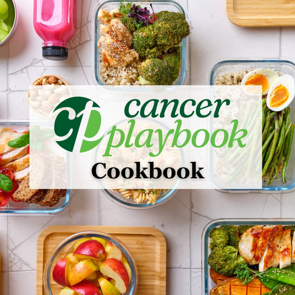 Cancer Playbook Cookbook graphic with healthy meals in food containers as the background